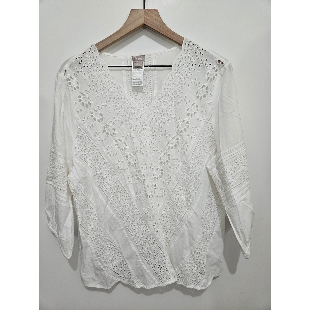 Chicos White Eyelet Cotton Blouse V-Neck 3/4 Sleeve Top Size 3 XL‎ 16/18 Boho